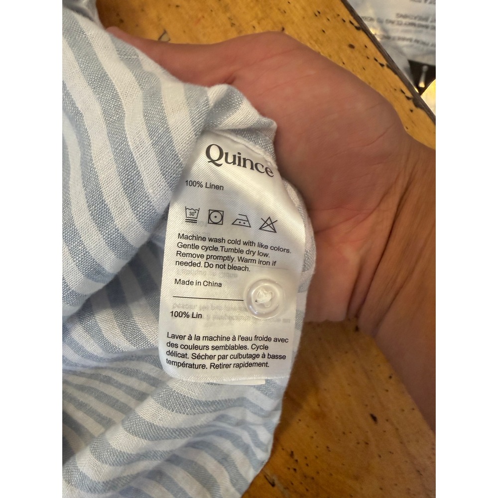 Quince 100% Linen XL Light Blue White Striped Short Sleeve Button Down Shirt - Picture 3 of 6